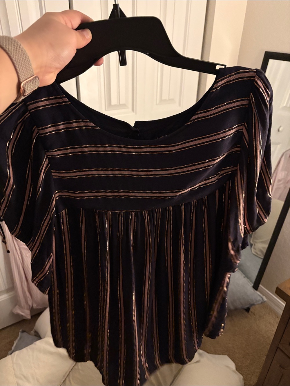 Anthropologie Navy Blouse with Metallic Rose-Accent Stripes